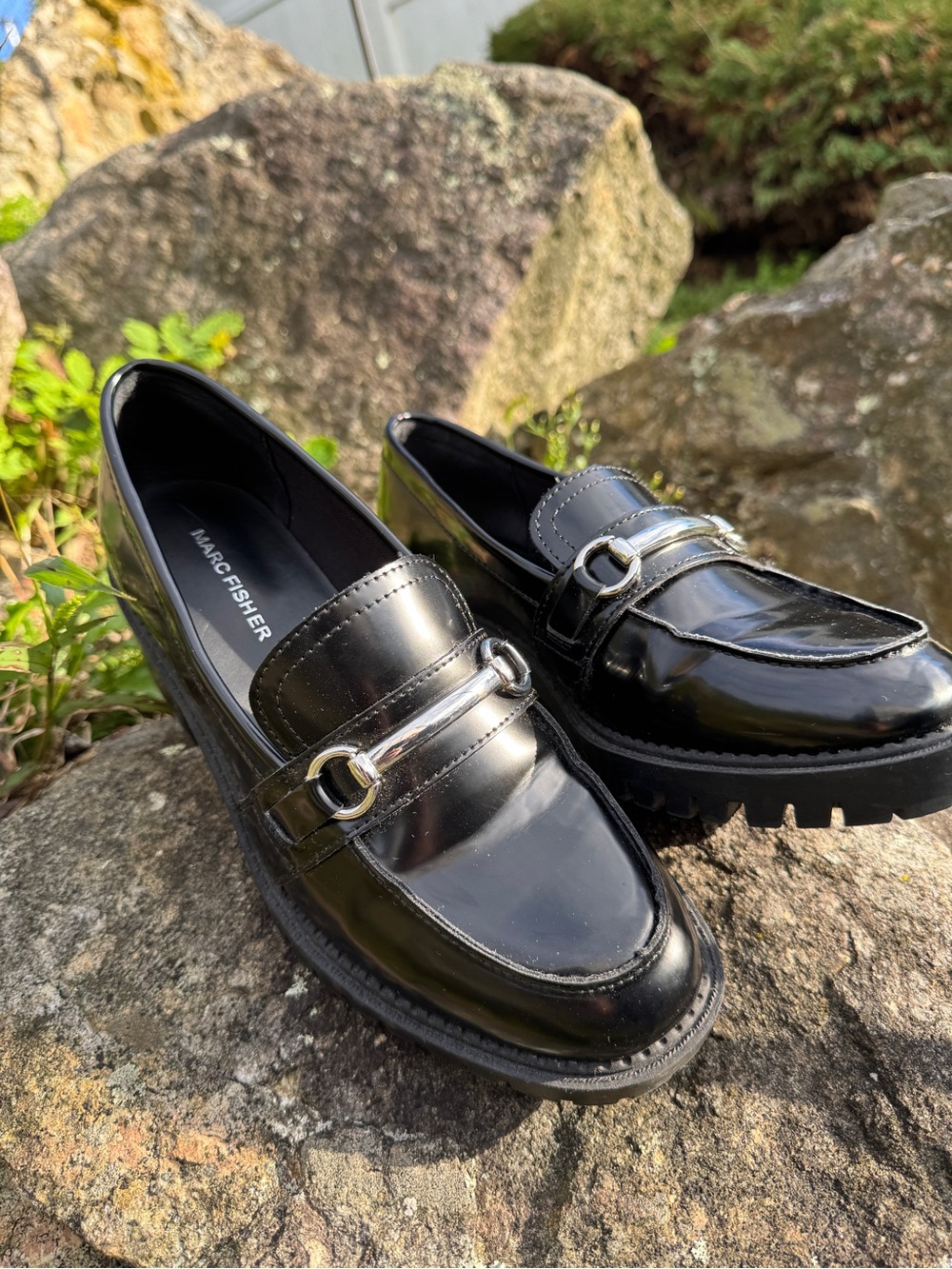Marc Fisher Black Patent Leather Women's YK Dancel Lug Sole Loafers